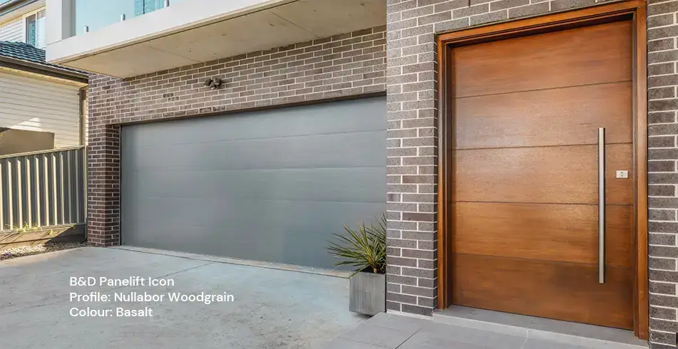 Safe as Can B&D Panelift Icon Garage Door with Nullabor Woodgrain Profile in Basalt