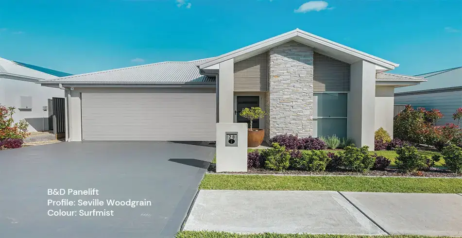 Safe as Can B&D Panelift Garage Door with Seville Woodgrain Profile in Surfmist