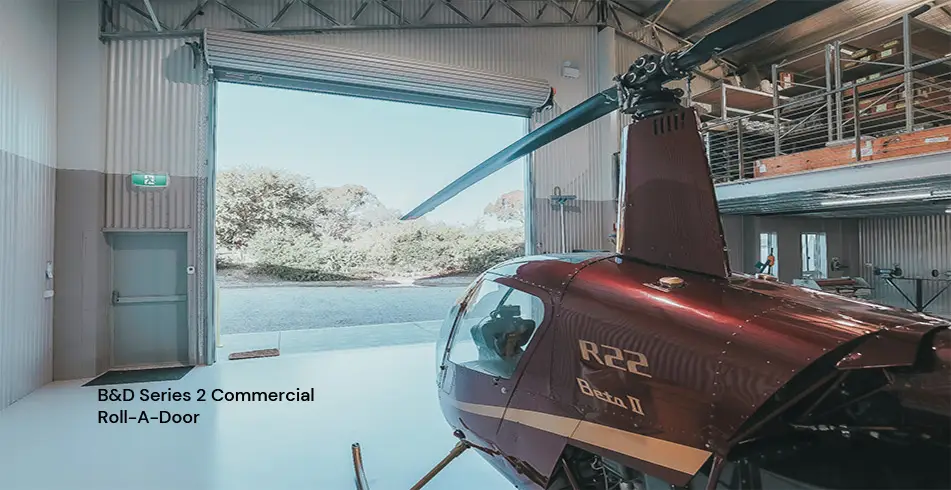 Safe as Can B&D Helicopter hangar with Series 2 Industrial Roll-A-Door