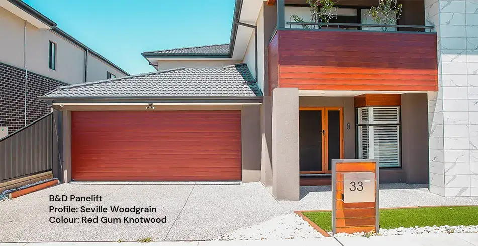 Safe as Can B&D Panelift Garage Door in Red Gum Knotwood