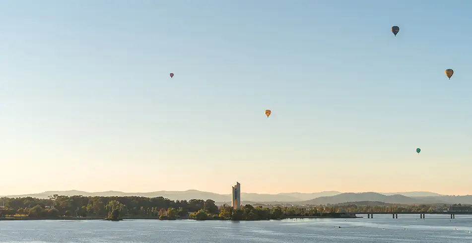 Hot air balloons over Lake Burley Griffin, Canberra