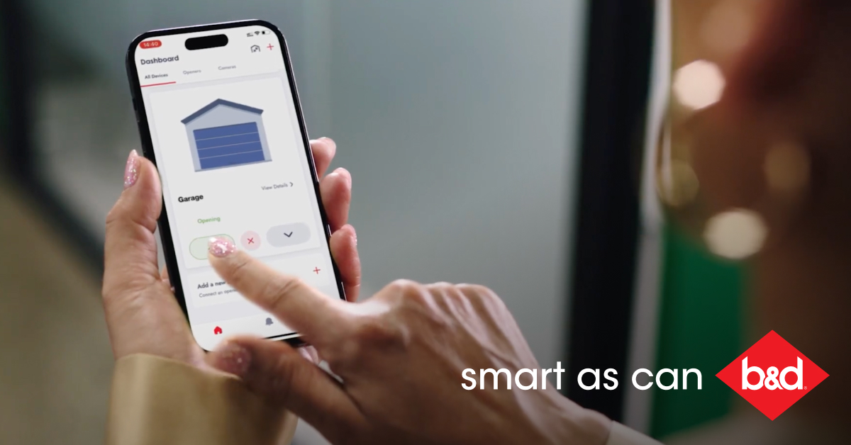 Smart as Can B&D women on phone using B&D mobile app to close the garage door