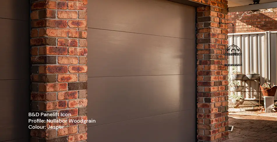 Safe as Can B&D Panelift Icon Garage Door with Nullabor Woodgrain Profile in Jasper (2)