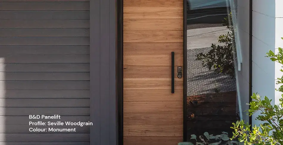 Safe as Can B&D Panelift Seville Woodgrain Sectional Garage Door in Monument