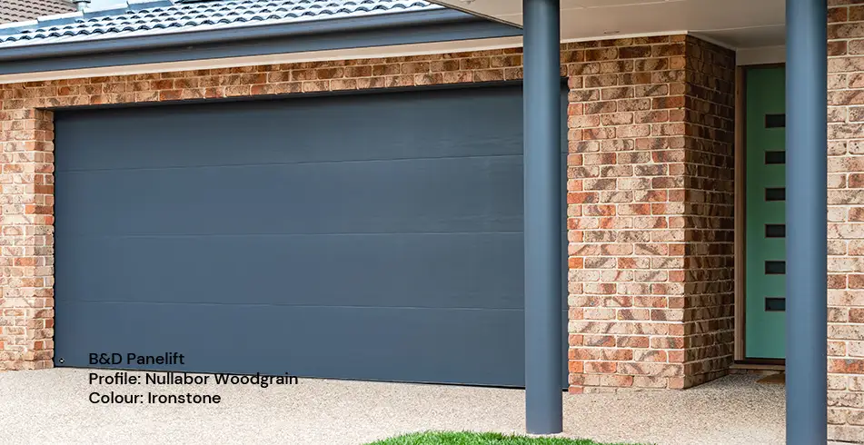 Safe as Can B&D Panelift Garage Door with Nullabor Woodgrain Profile in Ironstone