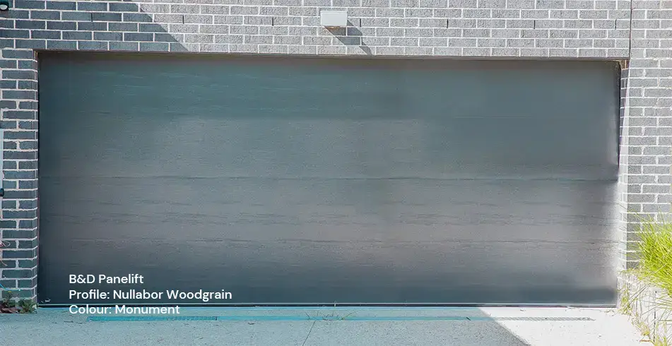 Safe as Can B&D Nullabor Woodgrain Panelift Icon Double Garage Door in Monument