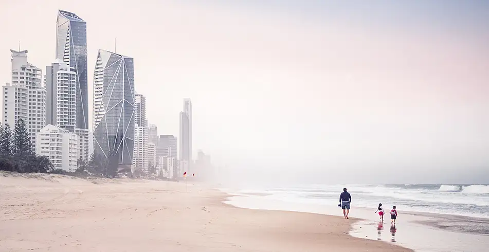 Beach and city skyline along Gold Coast, Queensland