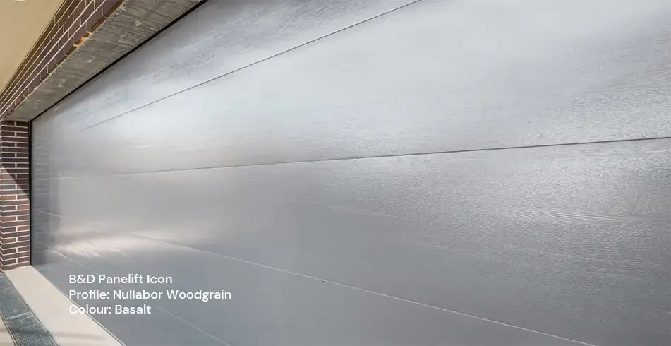 Safe as Can B&D Panelift Icon Nullabor Garage Door in Basalt Woodgrain