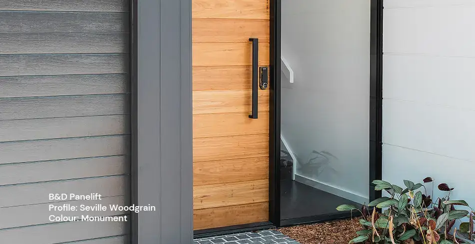 Safe as Can B&D Panelift Seville Sectional Door in Monument Woodgrain