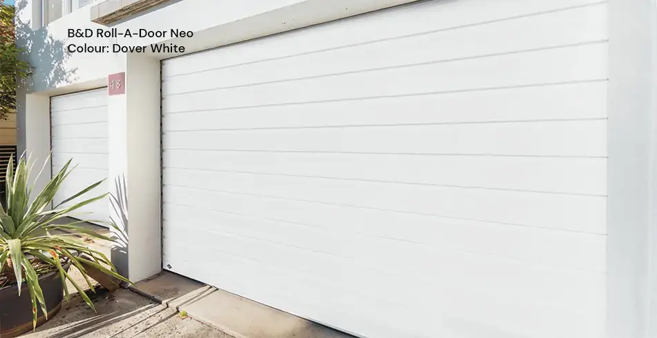 Reliable as Can B&D Roll-A-Door Neo Garage Door Dover White Close Up