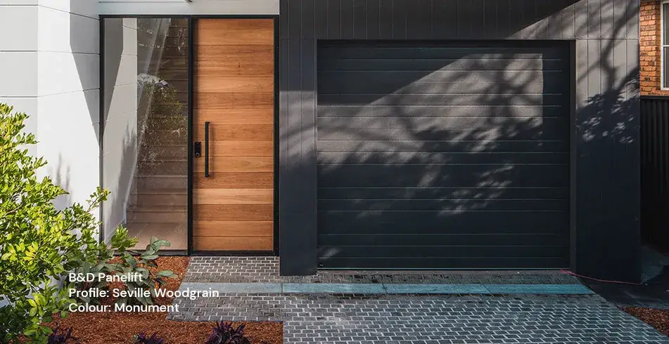 Safe as Can B&D Seville Woodgrain Panelift Garage Door in Monument