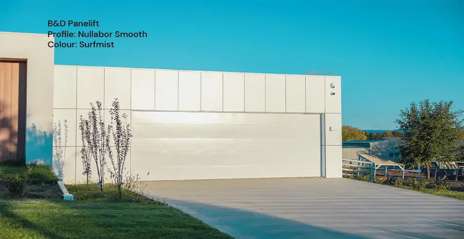 Safe as Can B&D Panelift Garage Door with Nullabor Smooth Profile in Surfmist